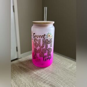 NWOT … “Sweet Summer Time” Pink Ombre Glass Tumbler with Straw